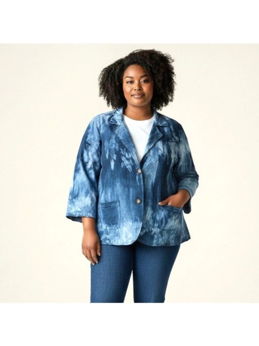 Nick & Mo Blue Tie-Dye Cotton Jacket 2X 2-Button Raw-Edge Boho